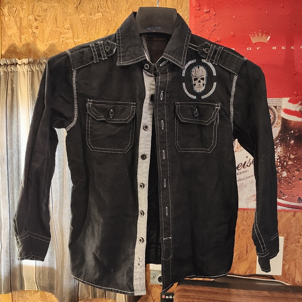 SK Apparel "Resistance" Youth Long Sleeve Button Down Shirt, Black, Size 8
